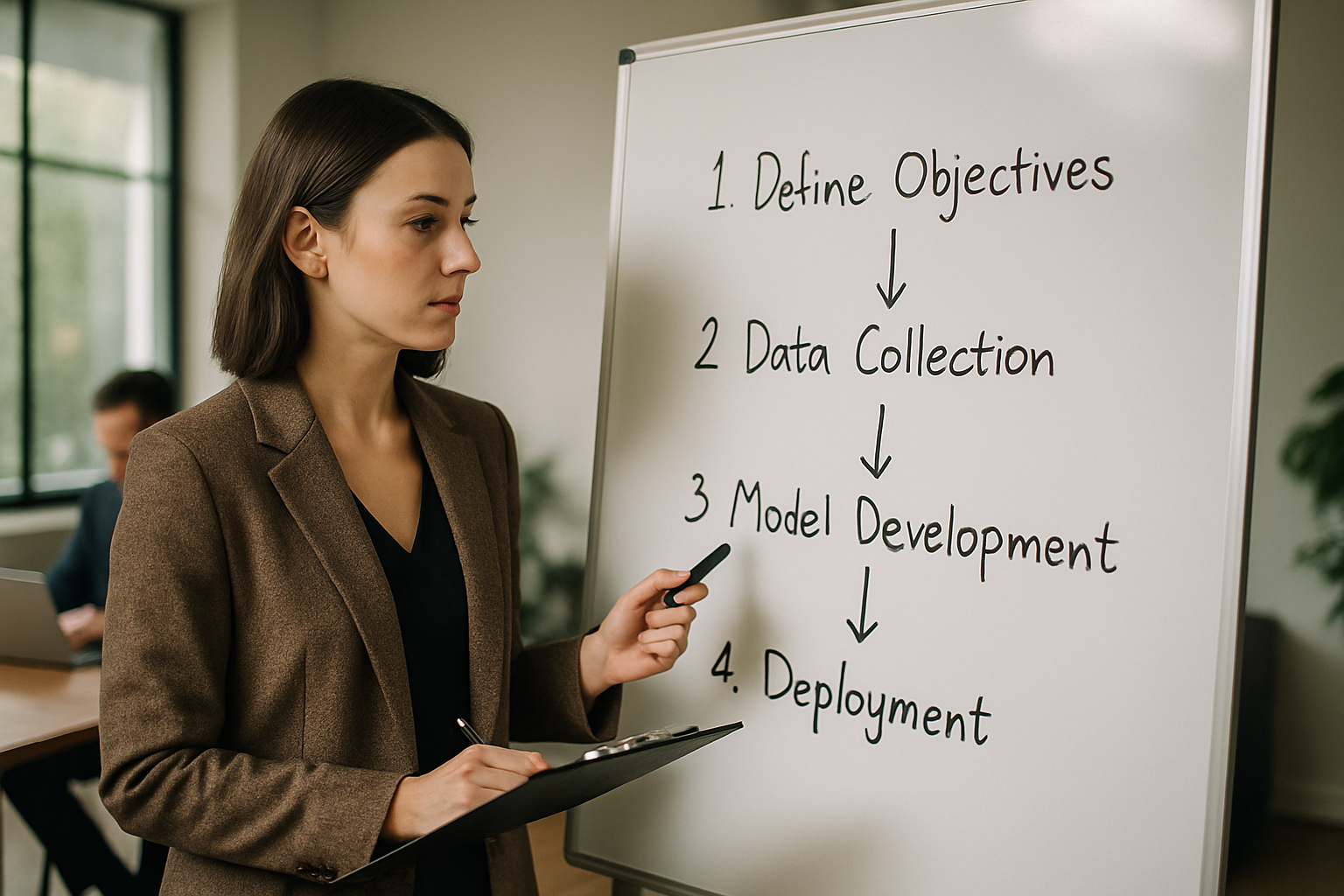 Diagram showing steps to implement AI in business.