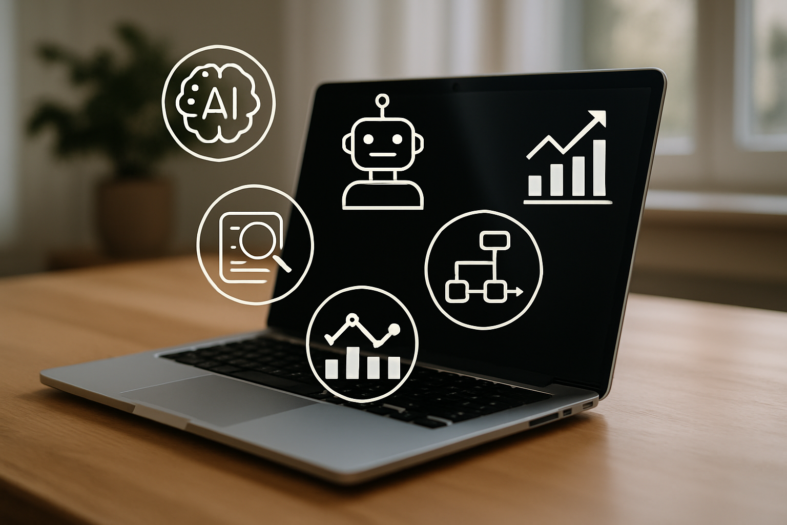 AI icons representing automation and data analysis.