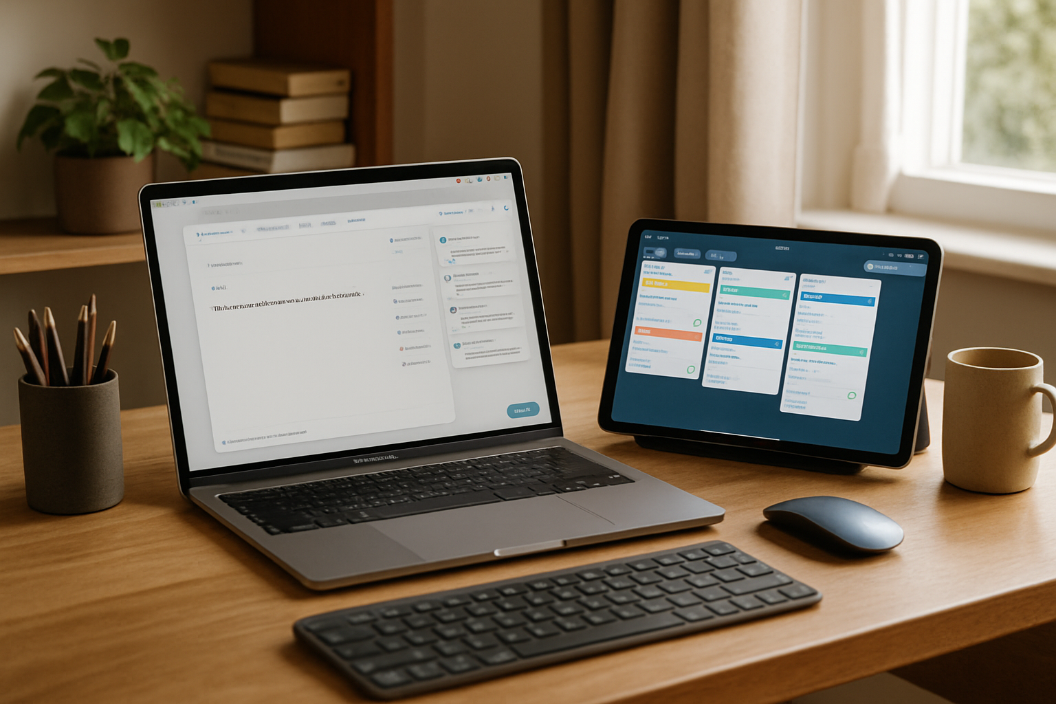AI tools like Grammarly and Trello in a home office.
